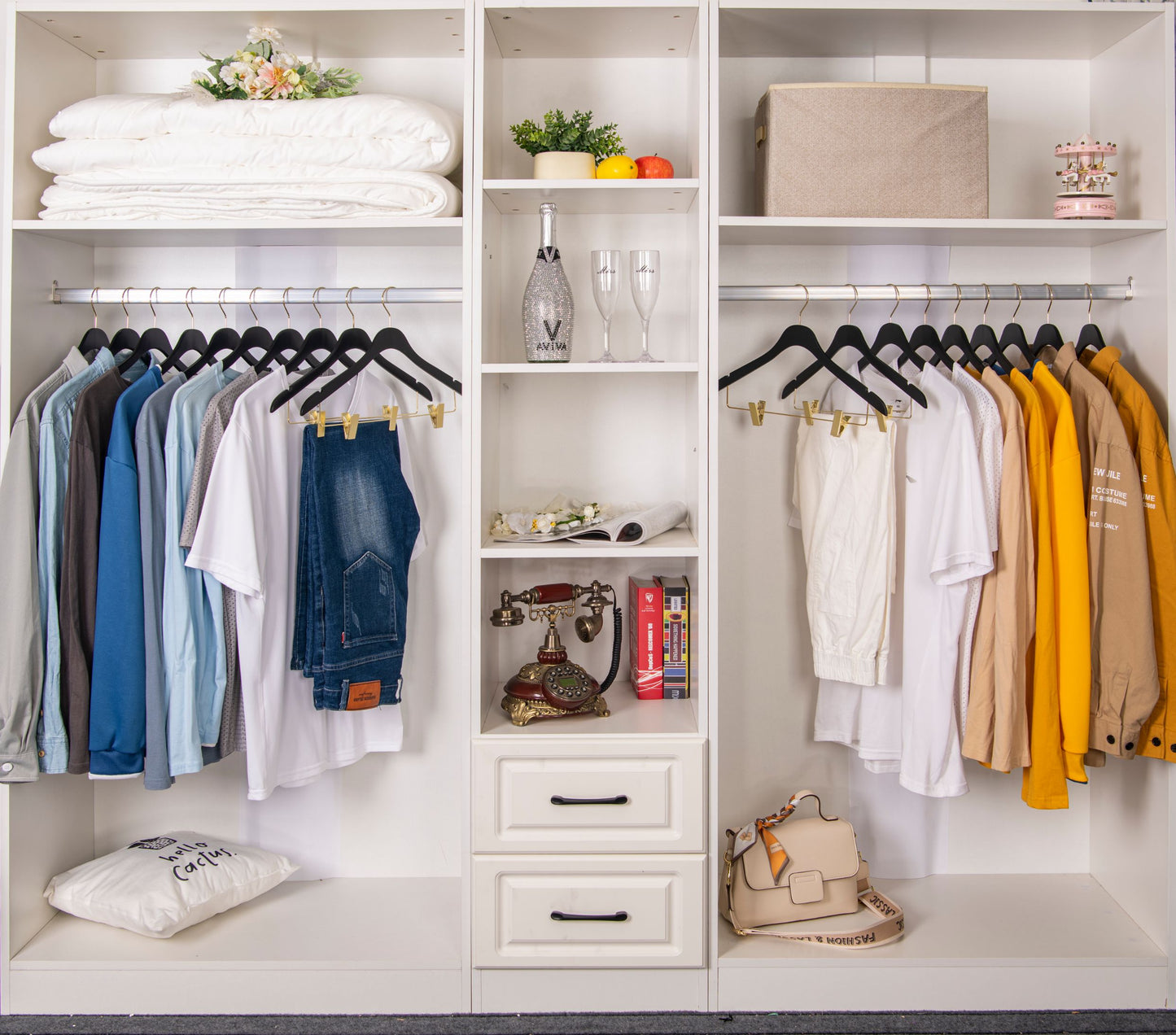 WS73-BK - Ultra Slim Skirt Pant Hangers + Clips Black with Gold clips - 100 Pcs 