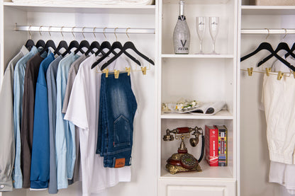 WS73-BK - Ultra Slim Skirt Pant Hangers + Clips Black with Gold clips - 100 Pcs 