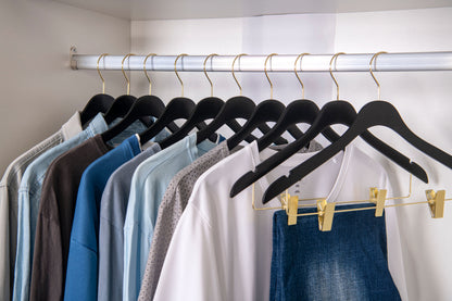 WS73-BK - Ultra Slim Skirt Pant Hangers + Clips Black with Gold clips - 100 Pcs 