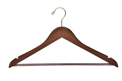 W010 - Semi Curved Wooden Suit Coat Hangers, 17.5" Walnut-Gold - 80 hangers