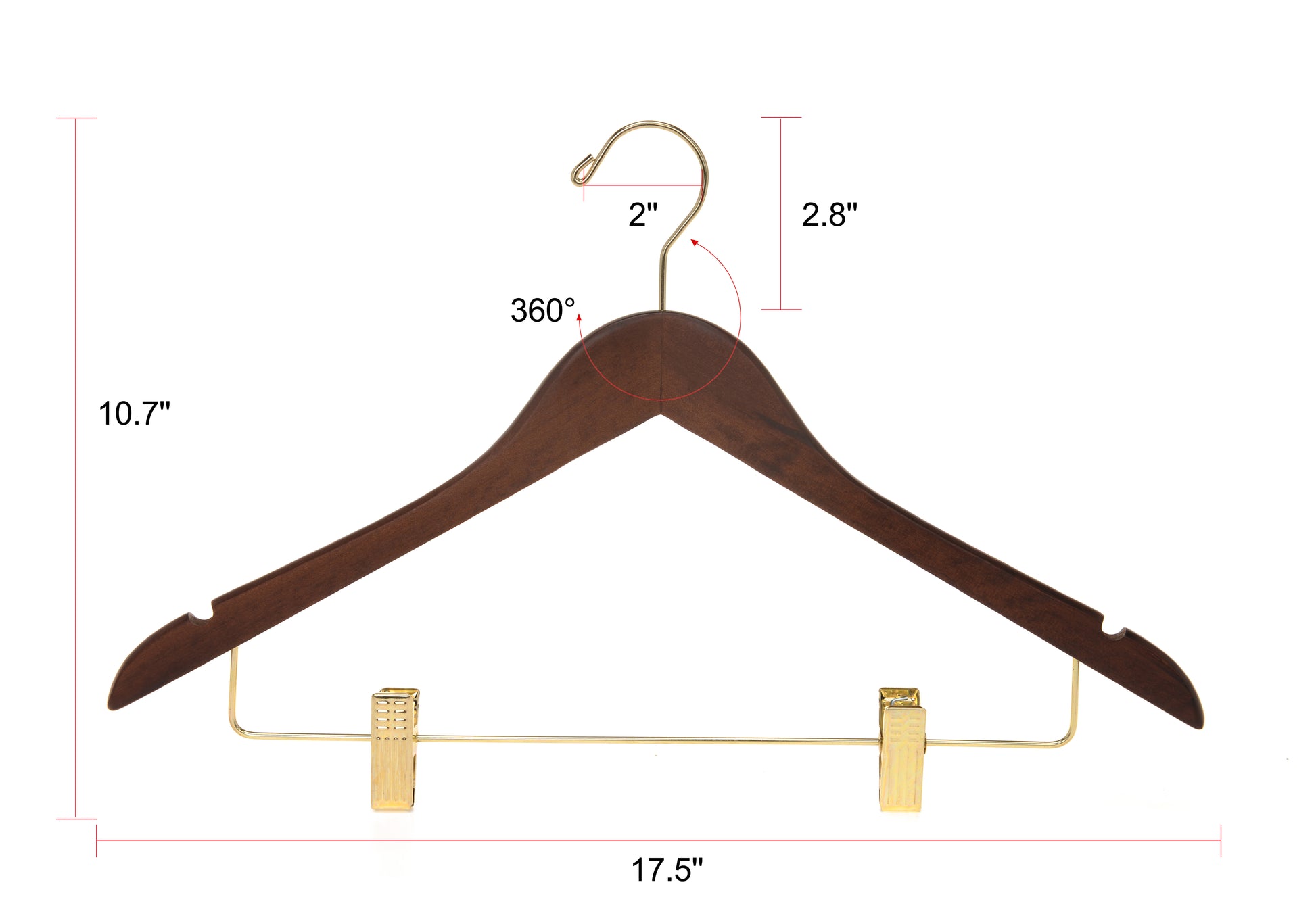 W012 - Wooden Skirt Hangers 17", Walnut with Gold hook - 5-PACK