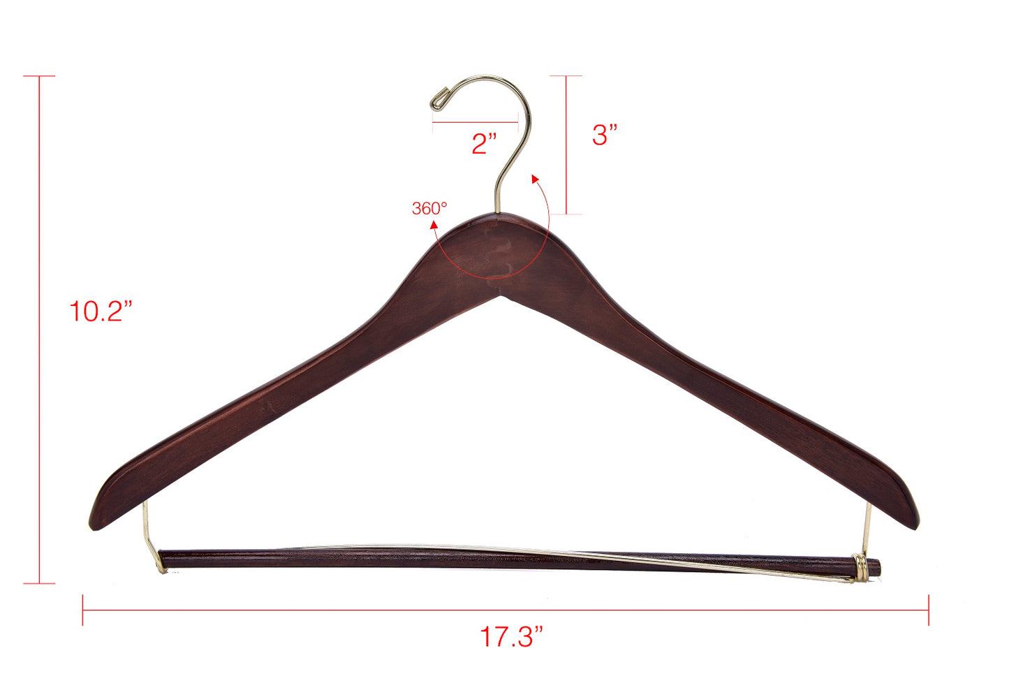 W014 - Curved Wooden Hanger 17" Locking bar Walnut-Gold -100