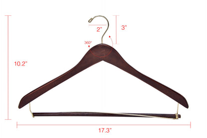 W014 - Curved Wooden Hanger 17" Locking bar Walnut-Gold -100