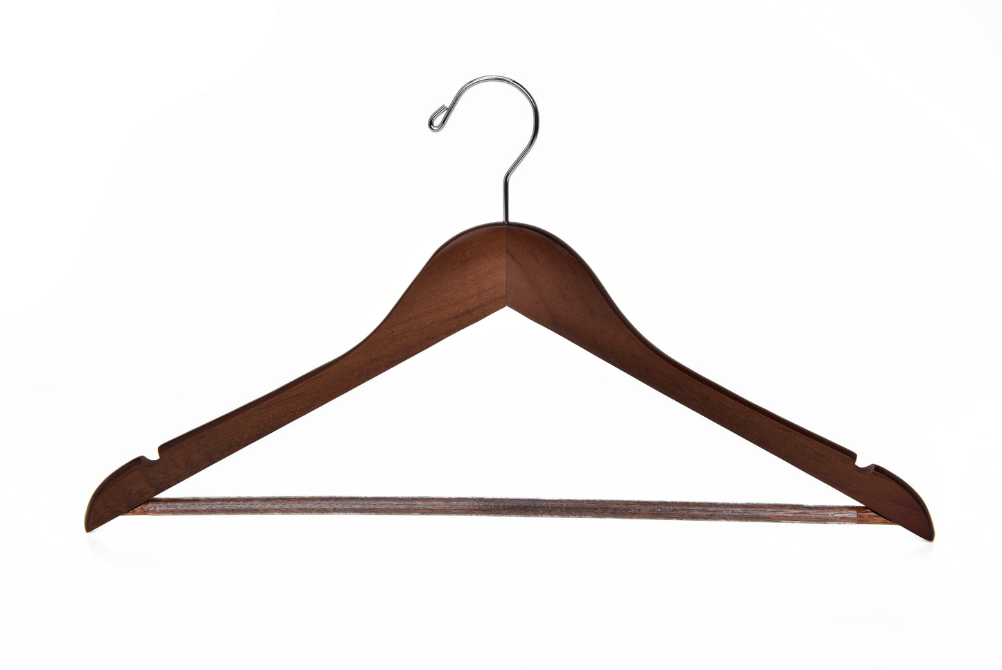 W020 - Semi Curved Wooden Hanger 17.5" Walnut-Chrome - 90 pcs