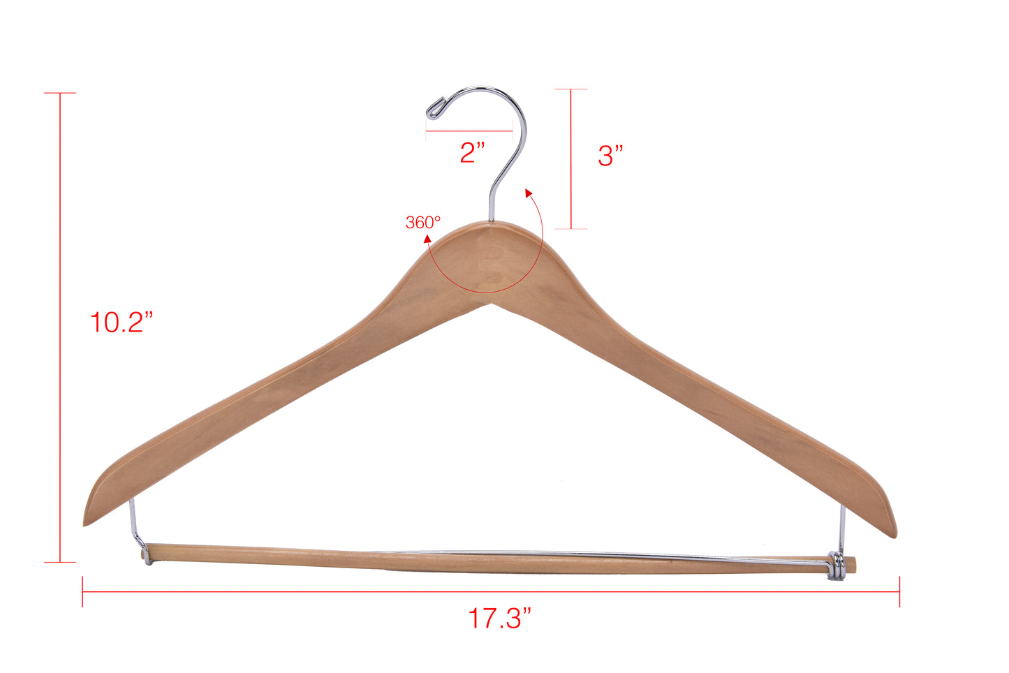 W034 - Curved Wooden Hanger 17" Locking bar Natural- chrome