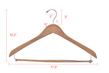 W034 - Curved Wooden Hanger 17" Locking bar Natural- chrome