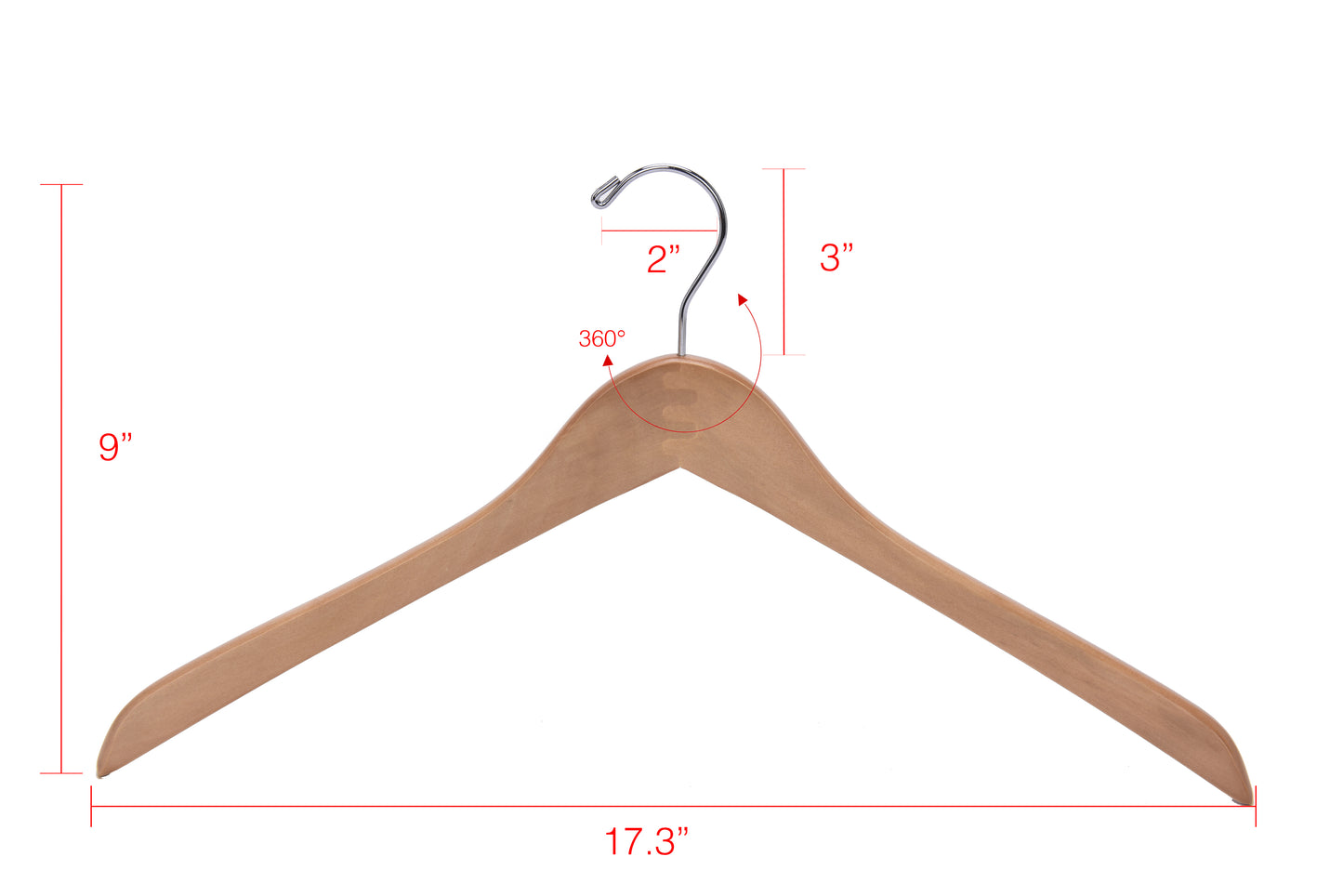 W035 - Curved Wooden Hanger 17" Natural - Chrome hook