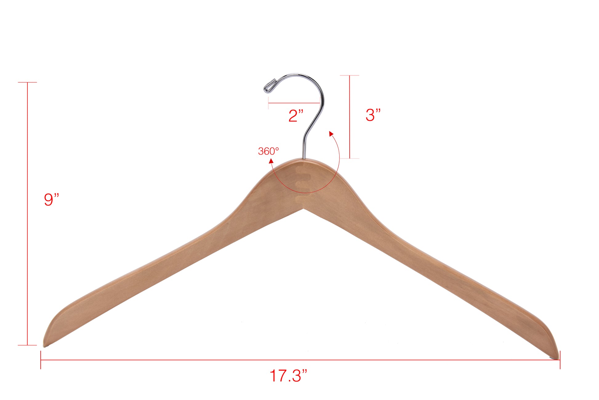 W035 - Curved Wooden Hanger 17" Natural - Chrome hook