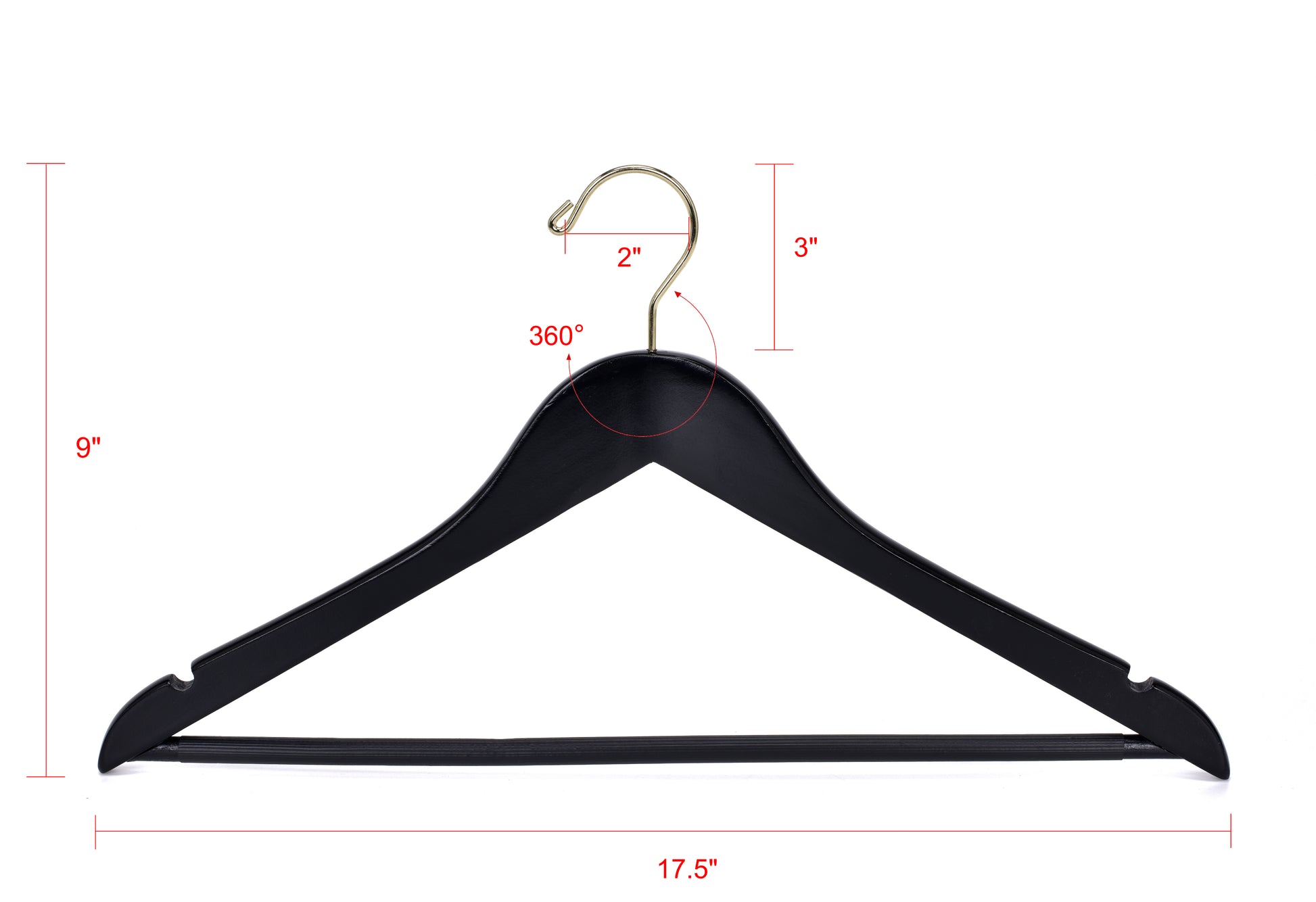 W070 - Semi Curved Wooden Hangers, 17.5" -Black/Gold Hook - 80