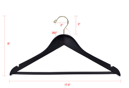 W070 - Semi Curved Wooden Hangers, 17.5" -Black/Gold Hook - 80