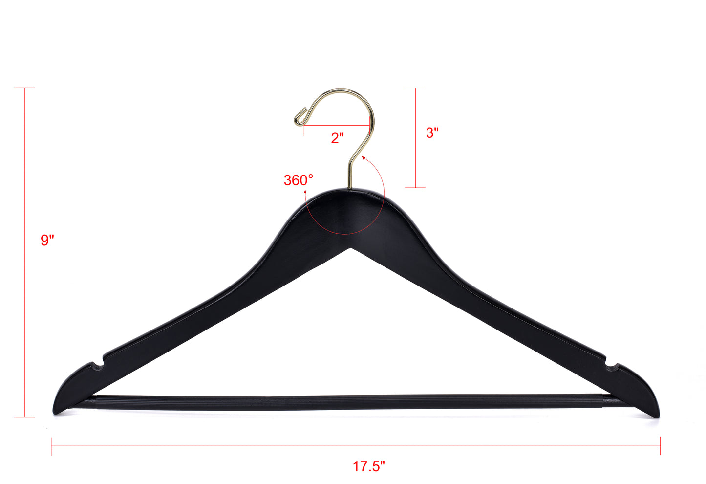 W070 - Semi Curved Wooden Hangers, 17.5" -Black/Gold Hook - 90