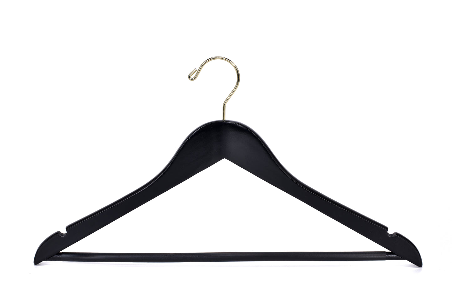 W070 - Semi Curved Wooden Hangers, 17.5" -Black/Gold Hook - 80