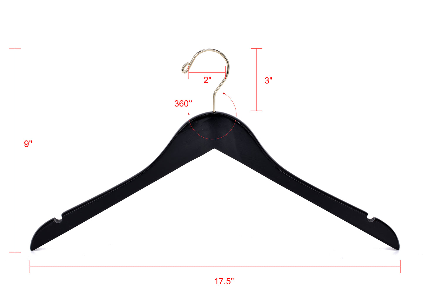 W071 - Semi Curved Wooden Hangers - Black with Gold Hook - 80