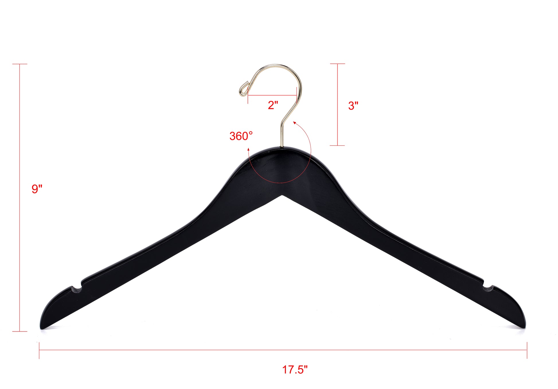 W071 - Semi Curved Wooden Hangers - Black with Gold Hook - 80