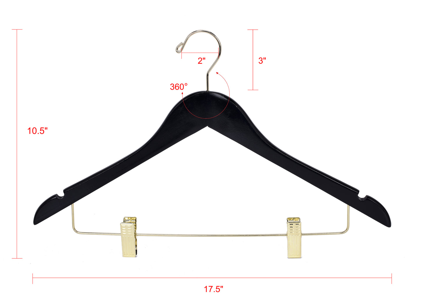 W072 - Semi Curved Wooden Skirt Hangers - Black with Gold Hook