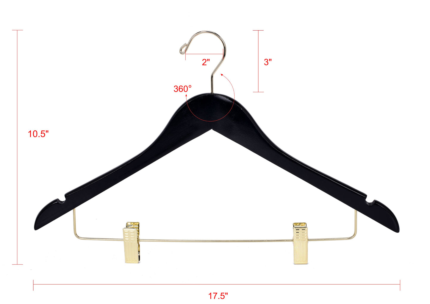 W072 - Semi Curved Wooden Skirt Hangers - Black with Gold Hook