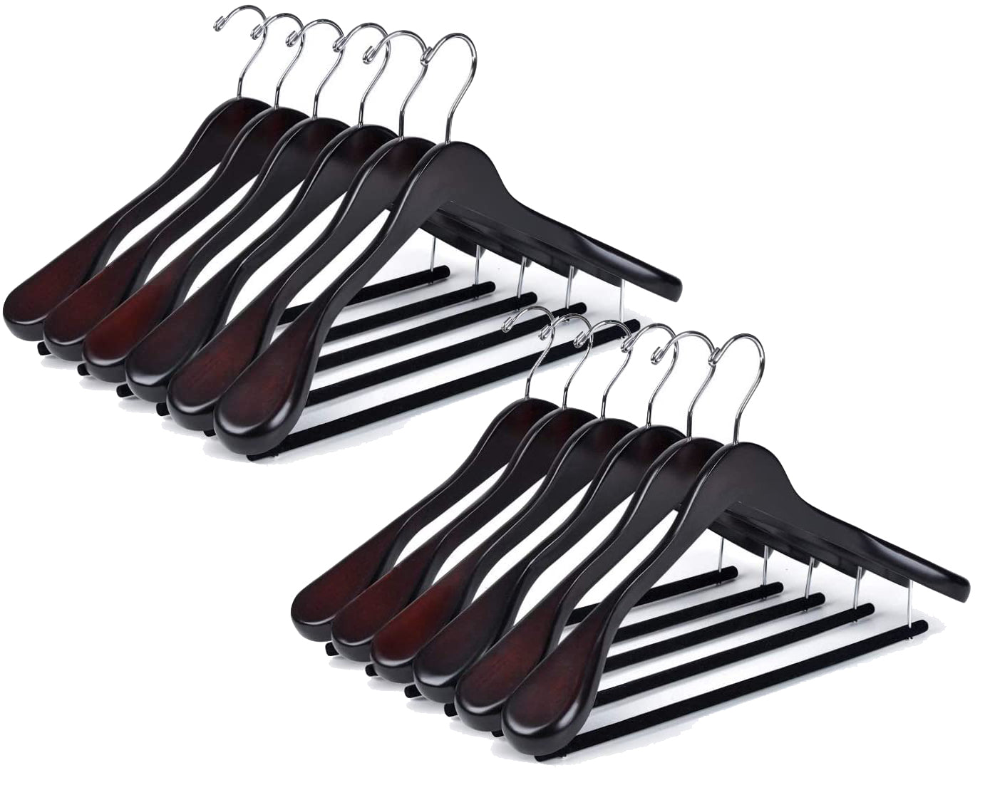 W5801 - Curved Wooden Hanger 17" Velvet bar Mahogany, wide Shoulders