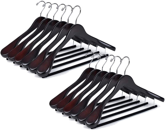 W5801 - Curved Wooden Hanger 17" Velvet bar Mahogany, wide Shoulders