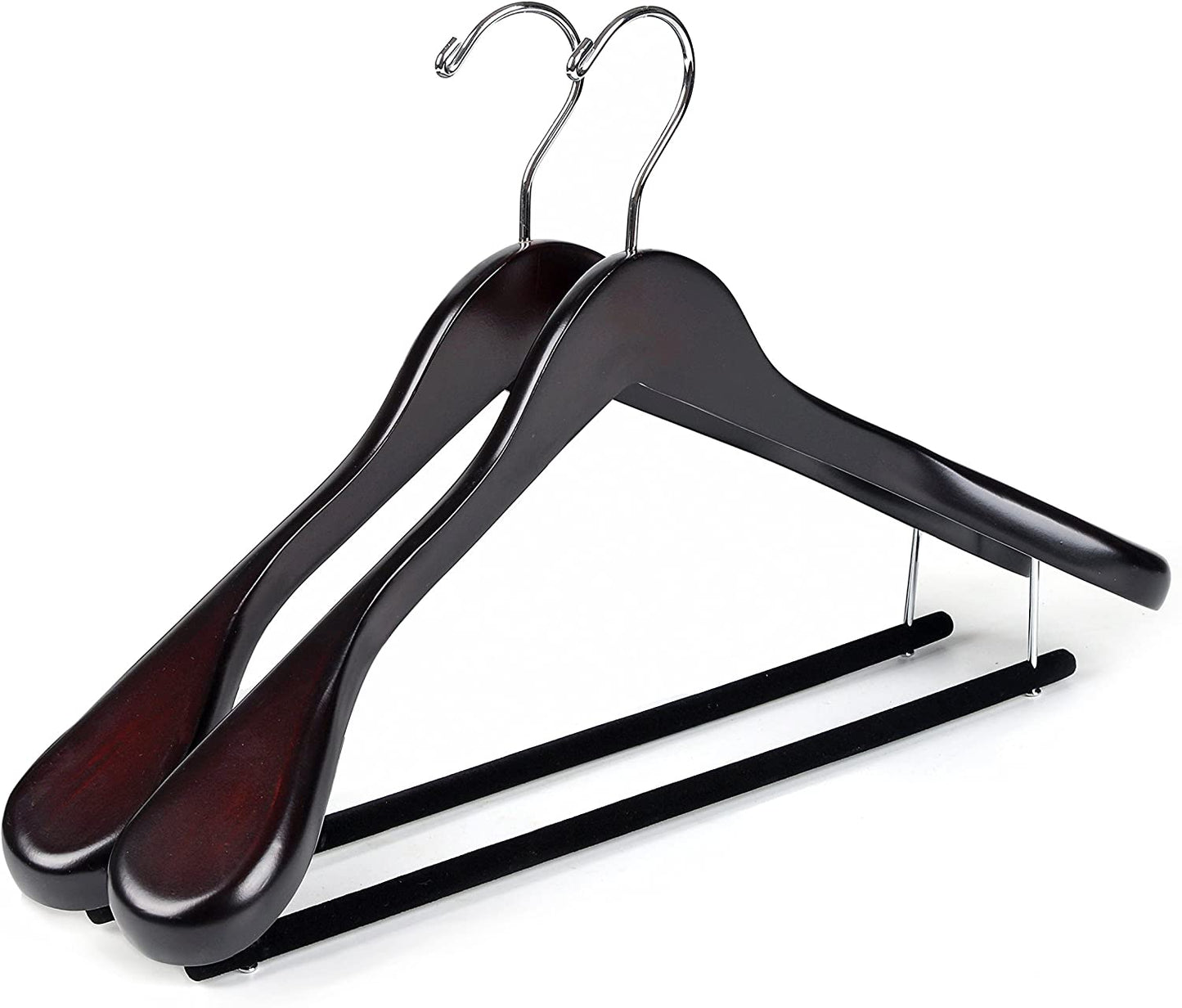W5801 - Curved Wooden Hanger 17" Velvet bar Mahogany, wide Shoulders