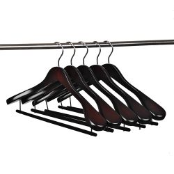 W5801 - Curved Wooden Hanger 17" Velvet bar Mahogany, wide Shoulders