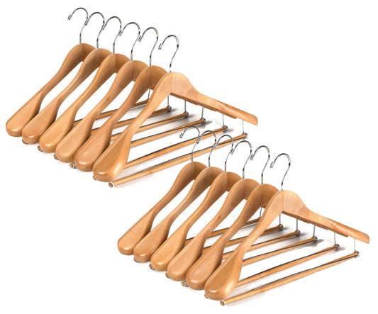 W5901 - Curved Wooden Hanger 17" Locking bar Natural, wide Shoulders