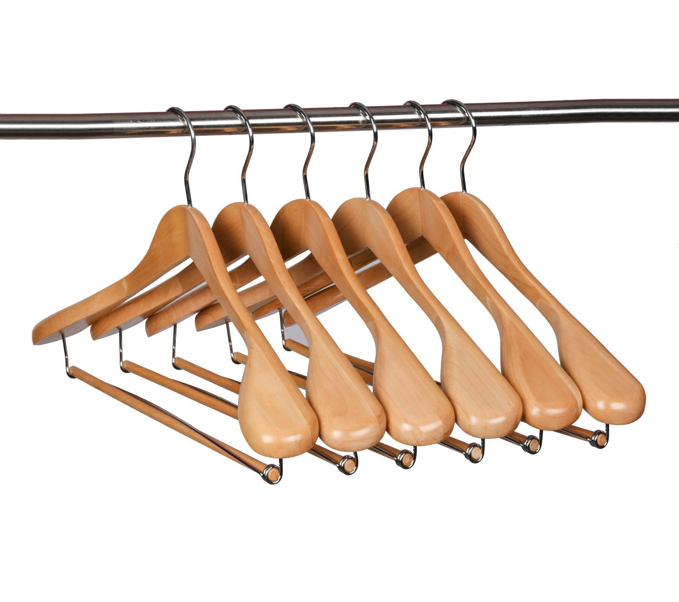 W5901 - Curved Wooden Hanger 17" Locking bar Natural, wide Shoulders