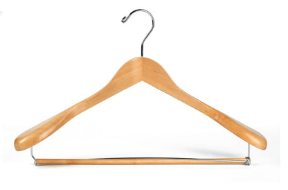 W5901 - Curved Wooden Hanger 17" Locking bar Natural, wide Shoulders