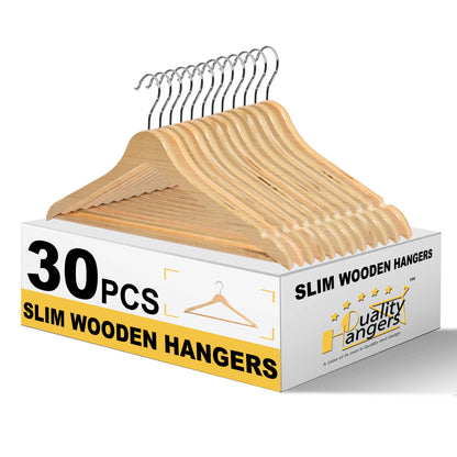 Quality 17.3" Slim Wooden Suit & Coat Hangers with Pants Bar – Space-Saving 0.31" Thin Plywood Hanger – Heavy-Duty, Single Surface Design, 360° Swivel Hook – Natural Finish (30 Pack)