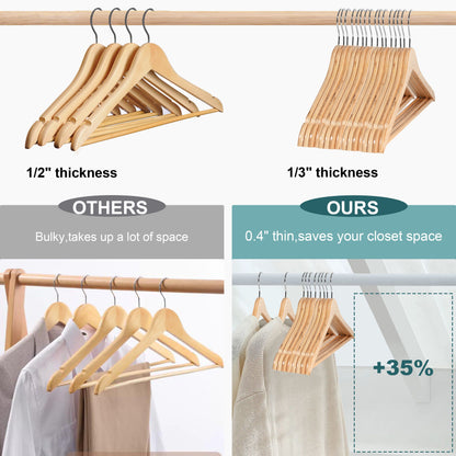 Quality 17.3" Slim Wooden Suit & Coat Hangers with Pants Bar – Space-Saving 0.31" Thin Plywood Hanger – Heavy-Duty, Single Surface Design, 360° Swivel Hook – Natural Finish (30 Pack)
