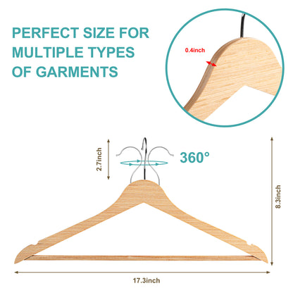 Quality 17.3" Slim Wooden Suit & Coat Hangers with Pants Bar – Space-Saving 0.31" Thin Plywood Hanger – Heavy-Duty, Single Surface Design, 360° Swivel Hook – Natural Finish (30 Pack)