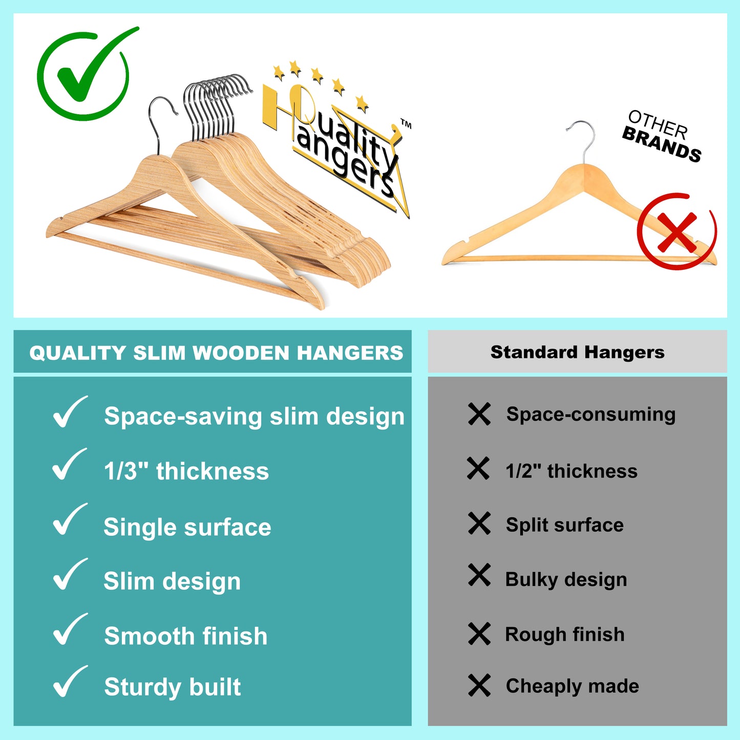 Quality 17.3" Slim Wooden Suit & Coat Hangers with Pants Bar – Space-Saving 0.31" Thin Plywood Hanger – Heavy-Duty, Single Surface Design, 360° Swivel Hook – Natural Finish (30 Pack)