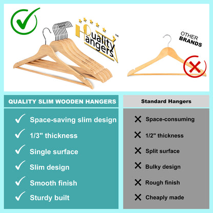 Quality 17.3" Slim Wooden Suit & Coat Hangers with Pants Bar – Space-Saving 0.31" Thin Plywood Hanger – Heavy-Duty, Single Surface Design, 360° Swivel Hook – Natural Finish (30 Pack)