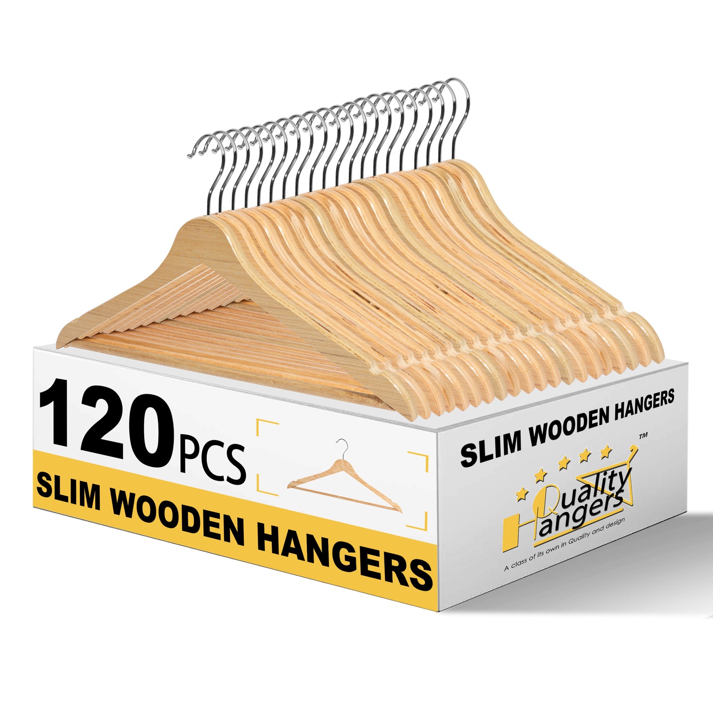 Quality 17.3" Slim Wooden Suit & Coat Hangers with Pants Bar – Space-Saving 0.31" Thin Plywood Hanger – Heavy-Duty, Single Surface Design, 360° Swivel Hook – Natural Finish (30 Pack)