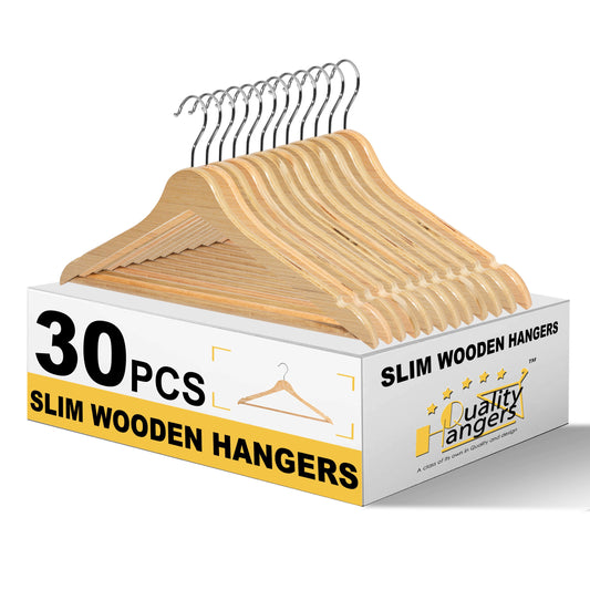 Quality 17.3" Slim Wooden Suit & Coat Hangers with Pants Bar – Space-Saving 0.31" Thin Plywood Hanger – Heavy-Duty, Single Surface Design, 360° Swivel Hook – Natural Finish (30 Pack)