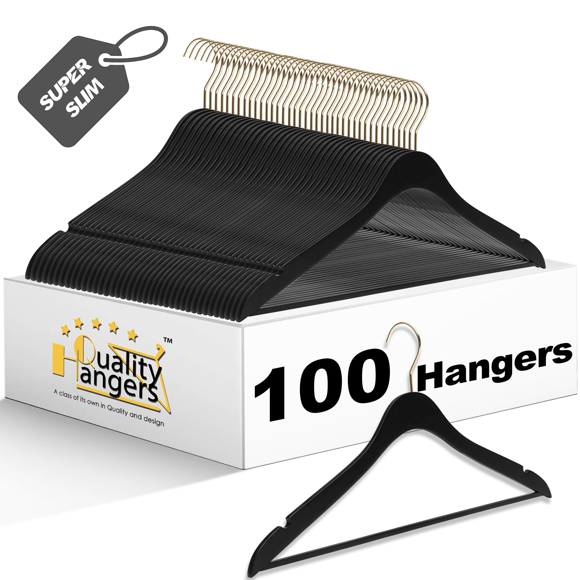 WS70 BK - Ultra Slim Suit Hangers with Pant Bar Black and Gold Hook - 100 Pcs 