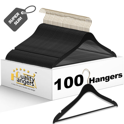 WS70 BK - Ultra Slim Suit Hangers with Pant Bar Black and Gold Hook - 100 Pcs 