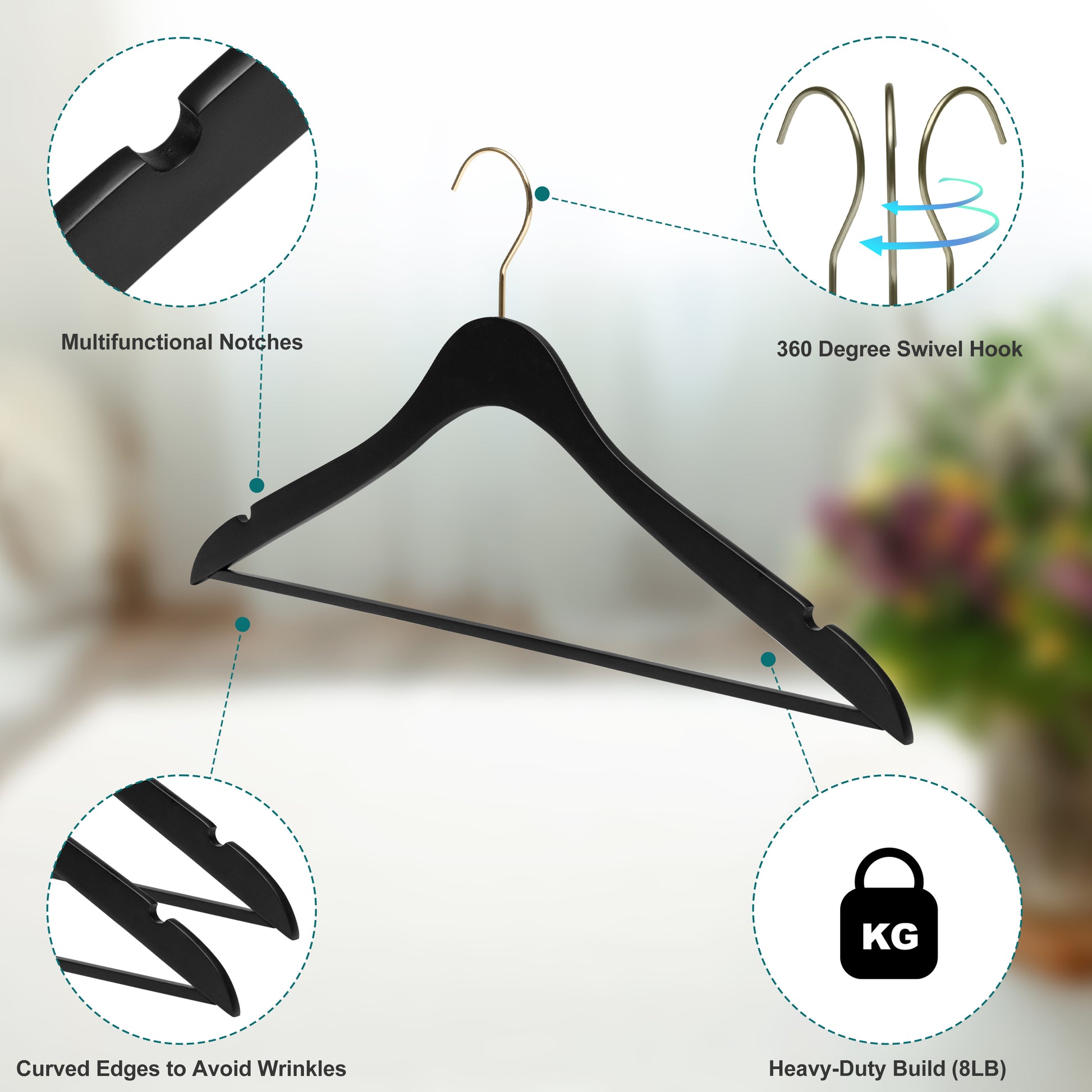 WS70 BK - Ultra Slim Suit Hangers with Pant Bar Black and Gold Hook - 100 Pcs 