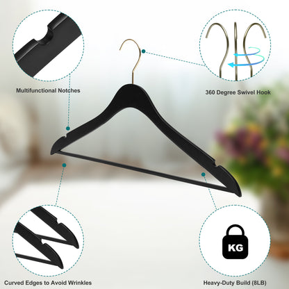 WS70 BK - Ultra Slim Suit Hangers with Pant Bar Black and Gold Hook - 100 Pcs 