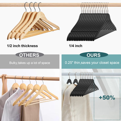 WS70 BK - Ultra Slim Suit Hangers with Pant Bar Black and Gold Hook - 100 Pcs 