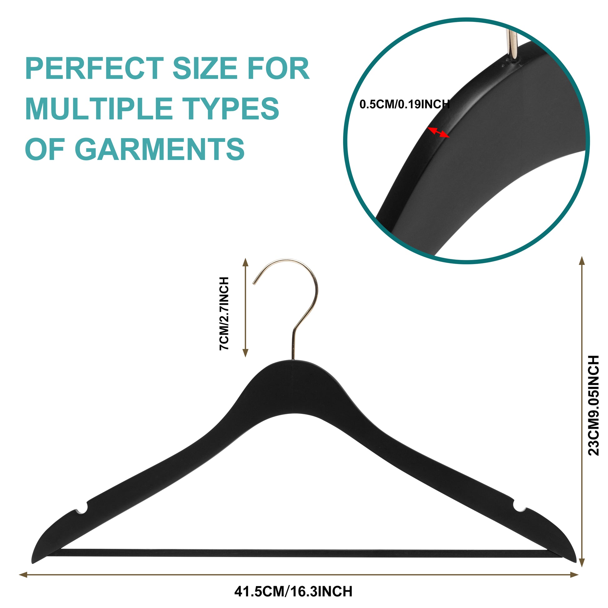 WS70 BK - Ultra Slim Suit Hangers with Pant Bar Black and Gold Hook - 100 Pcs 