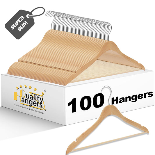 WS70 - Ultra Slim Suit Hangers with Pant Bar Natural - 100 Hangers
