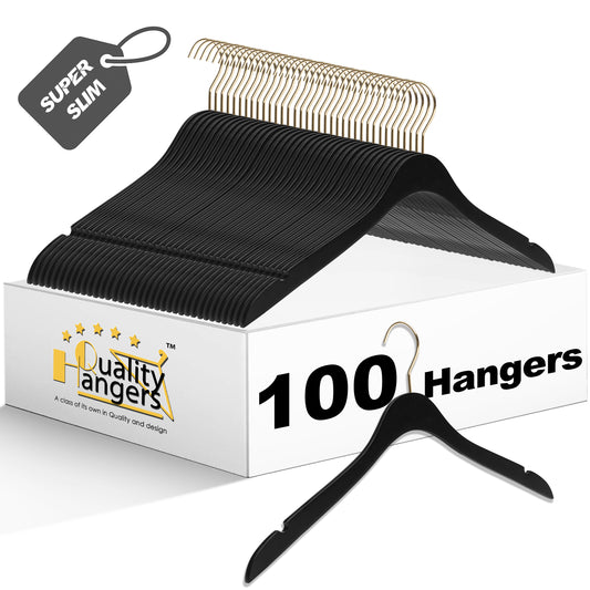 WS71-BK - Ultra Slim Suit Coat Hangers Black With Gold Hook - 100 Hangers