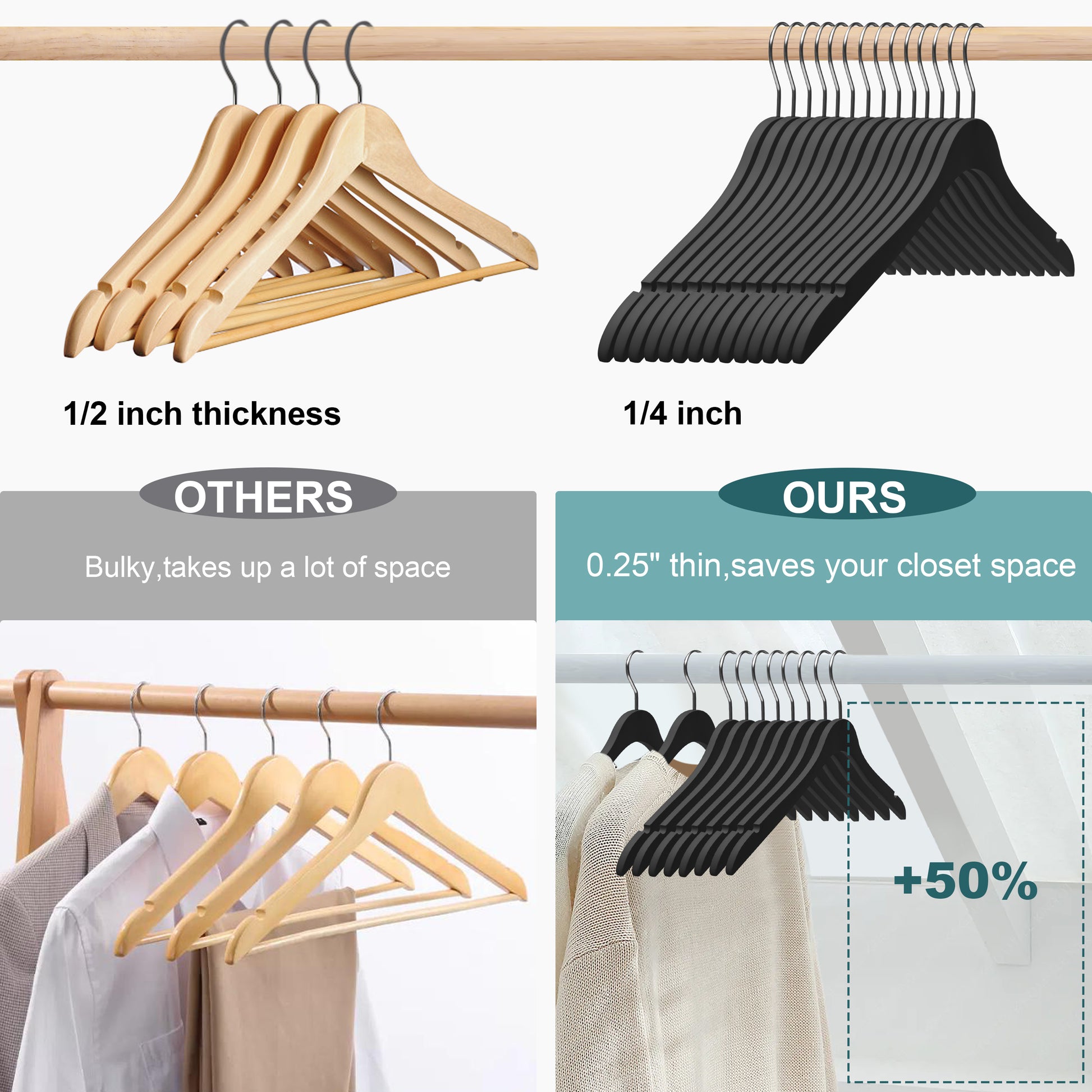 WS71-BK - Ultra Slim Suit Coat Hangers Black With Gold Hook - 100 Hangers