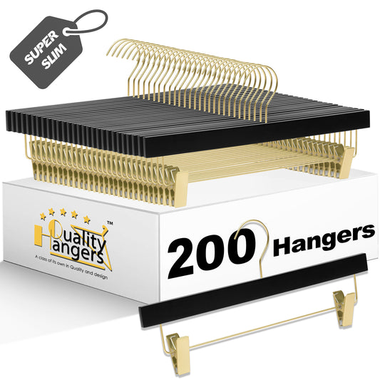 WS72-BK - Ultra Slim Skirt Pant Hangers + Clips, Black with Gold clips - 200 Pcs