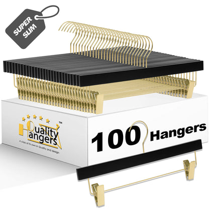 WS72-BK - Ultra Slim Skirt Pant Hangers + Clips, Black with Gold clips - 100 Pcs