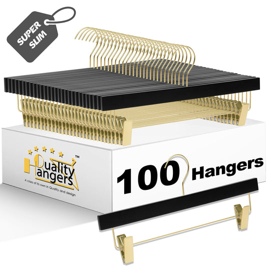 WS72-BK - Ultra Slim Skirt Pant Hangers + Clips, Black with Gold clips - 100 Pcs