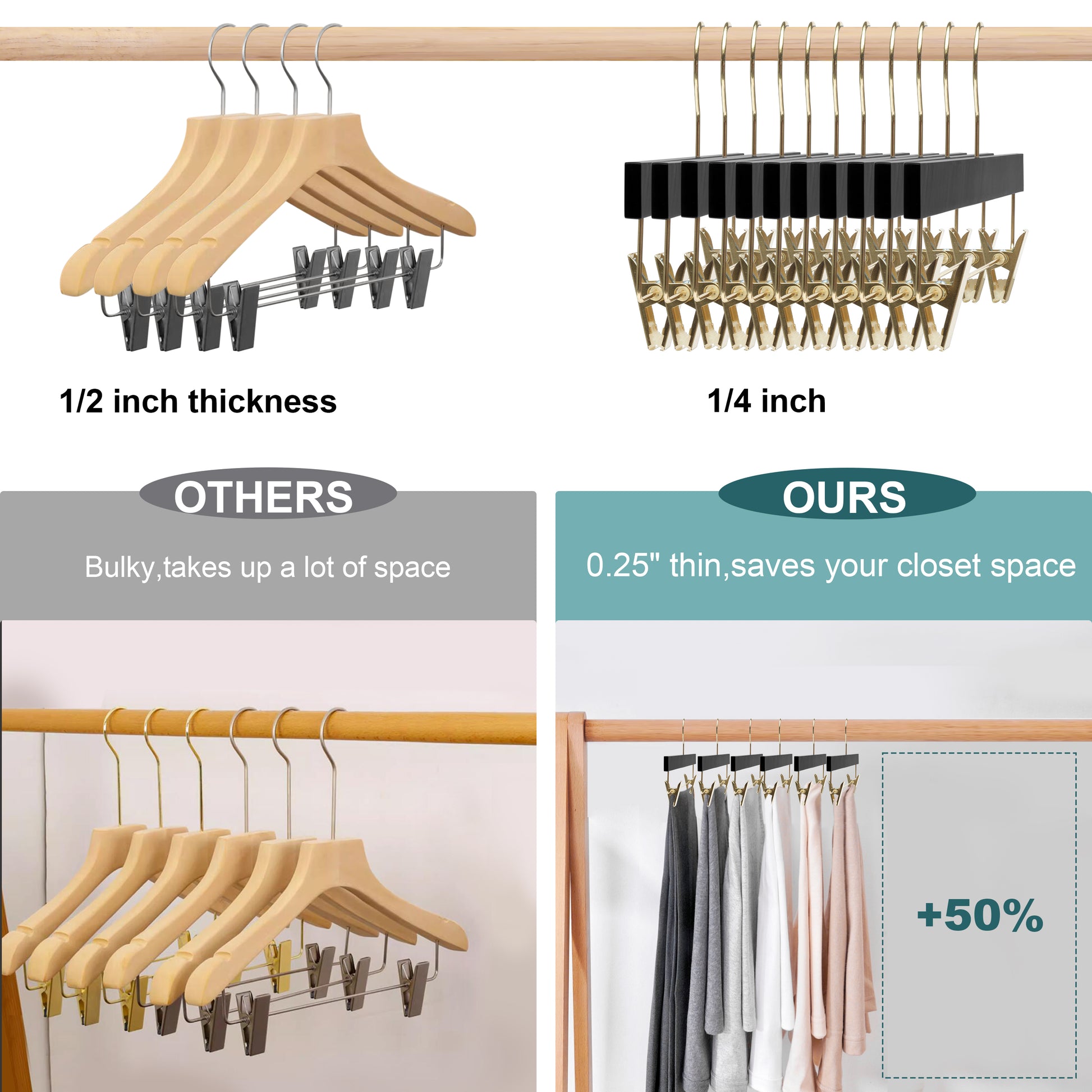 WS72-BK - Ultra Slim Skirt Pant Hangers + Clips, Black with Gold clips - 200 Pcs