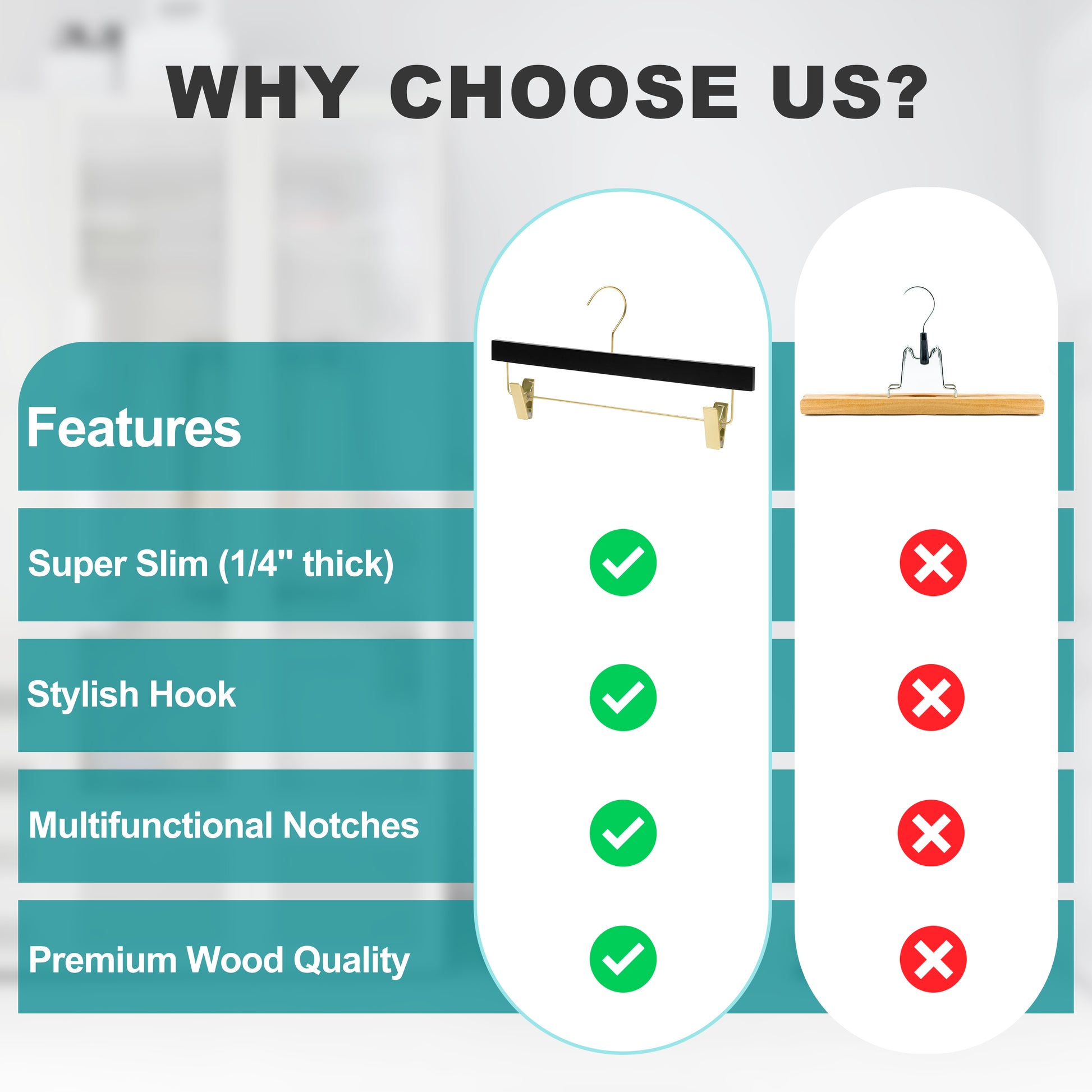 WS72-BK - Ultra Slim Skirt Pant Hangers + Clips, Black with Gold clips - 100 Pcs