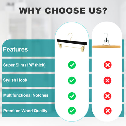 WS72-BK - Ultra Slim Skirt Pant Hangers + Clips, Black with Gold clips - 100 Pcs