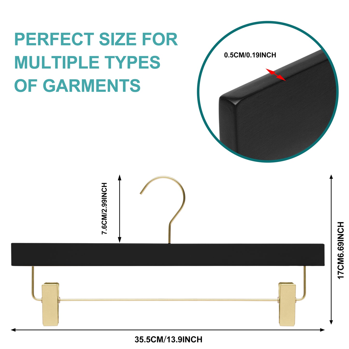 WS72-BK - Ultra Slim Skirt Pant Hangers + Clips, Black with Gold clips - 100 Pcs